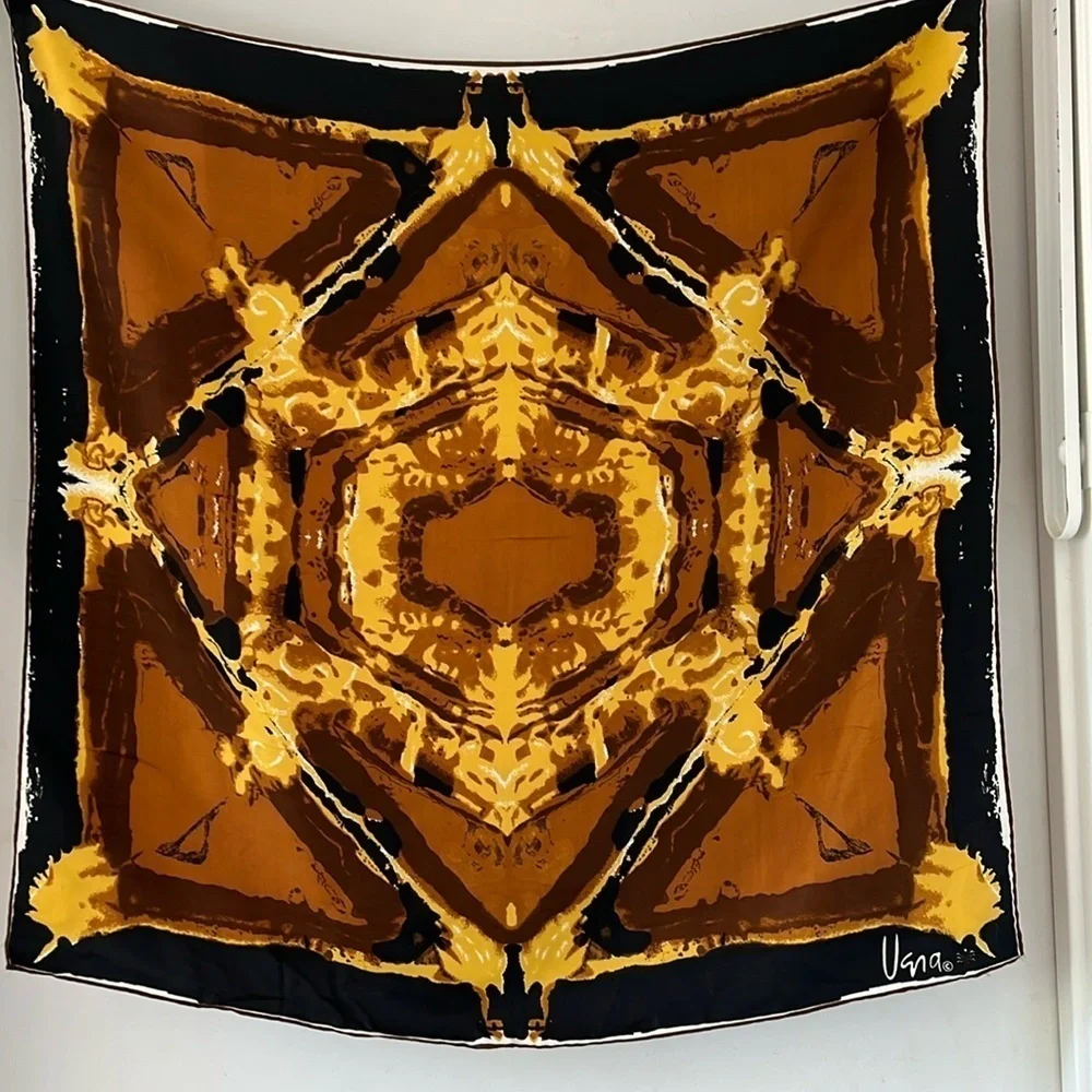 Vintage Vera Neumann Silk Blend Scarf Abstract Kaleidoscope Brown Gold Square